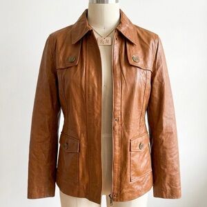 Isaac Mizrahi Live Cognac Leather Utility Jacket M Orange Lining Safari Shacket